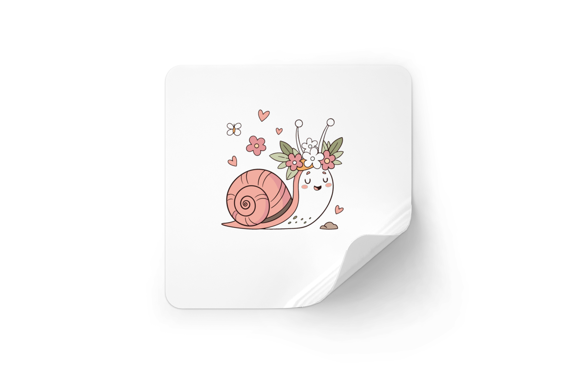 Sticker joyeux avec escargot fleuri en couleurs pastel sur fond printanier