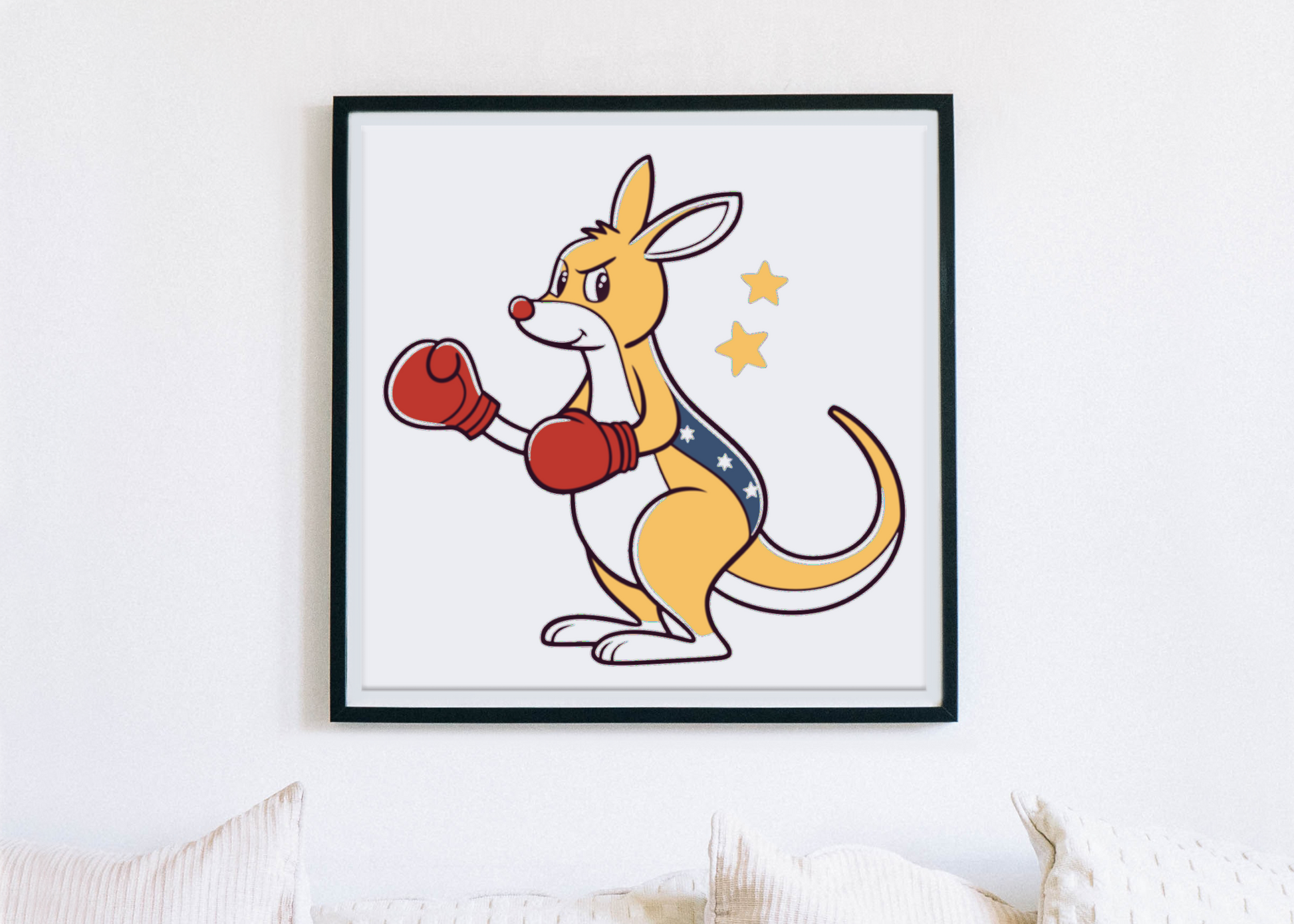 Cadre avec kangourou boxeur cartoon, ambiance sportive et design dynamique