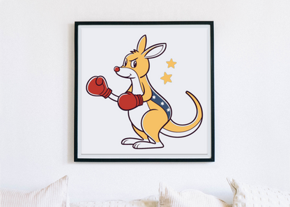 Cadre avec kangourou boxeur cartoon, ambiance sportive et design dynamique