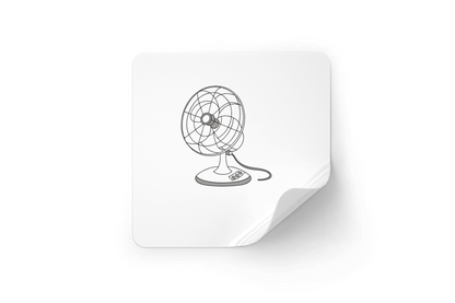 Sticker avec ventilateur minimaliste en gris sur fond blanc créant une ambiance fraîche