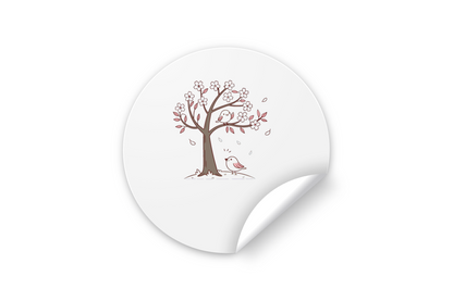 Sticker décoratif orné d'oiseaux joyeux sous un cerisier à fleurs dans un style pastel