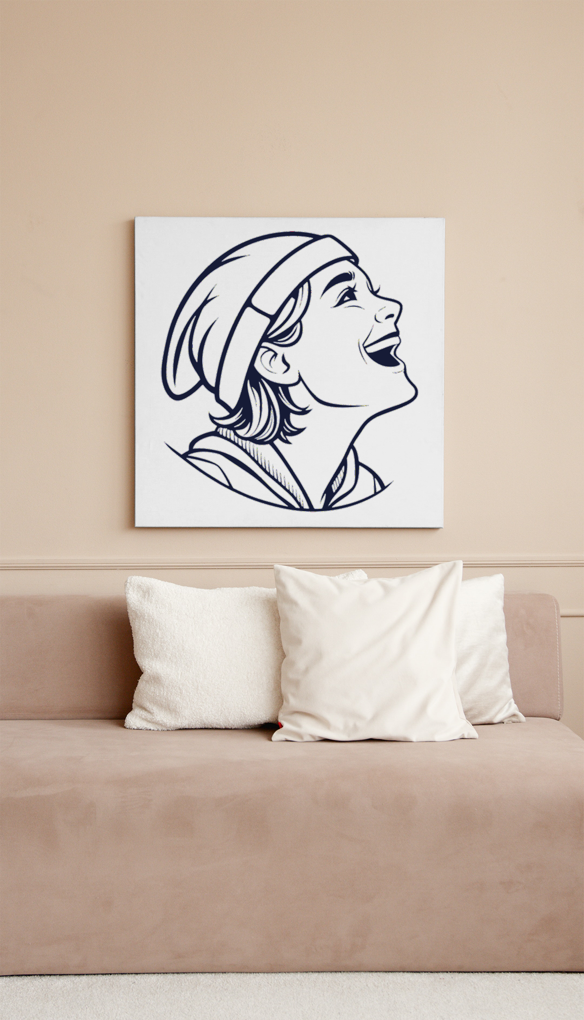 Cadre décoratif avec enfant rieur sous bonnet, ambiance artistique et moderne