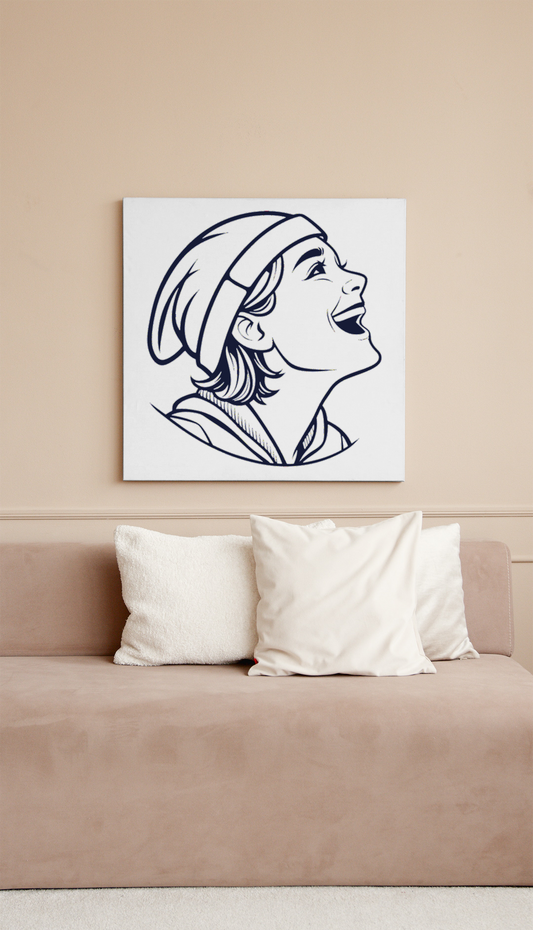 Cadre décoratif avec enfant rieur sous bonnet, ambiance artistique et moderne