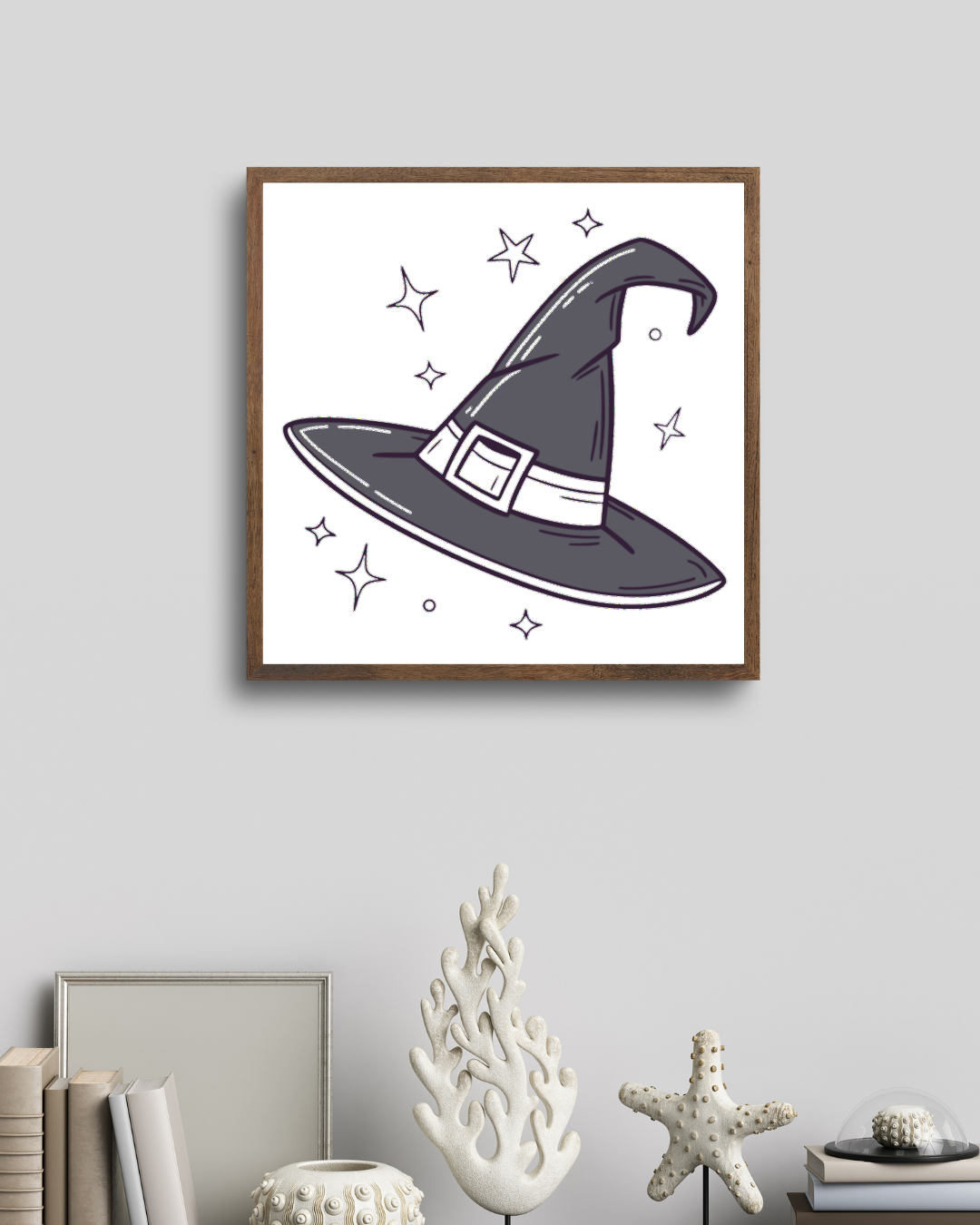 Cadre avec chapeau de sorcière scintillant monochrome thème Halloween