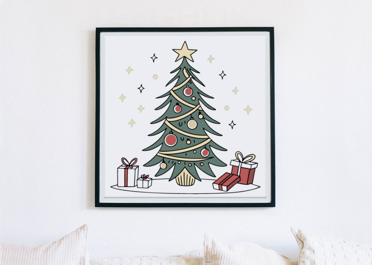 Cadre avec sapin de Noël enchanté stylisé accentuant une ambiance festive
