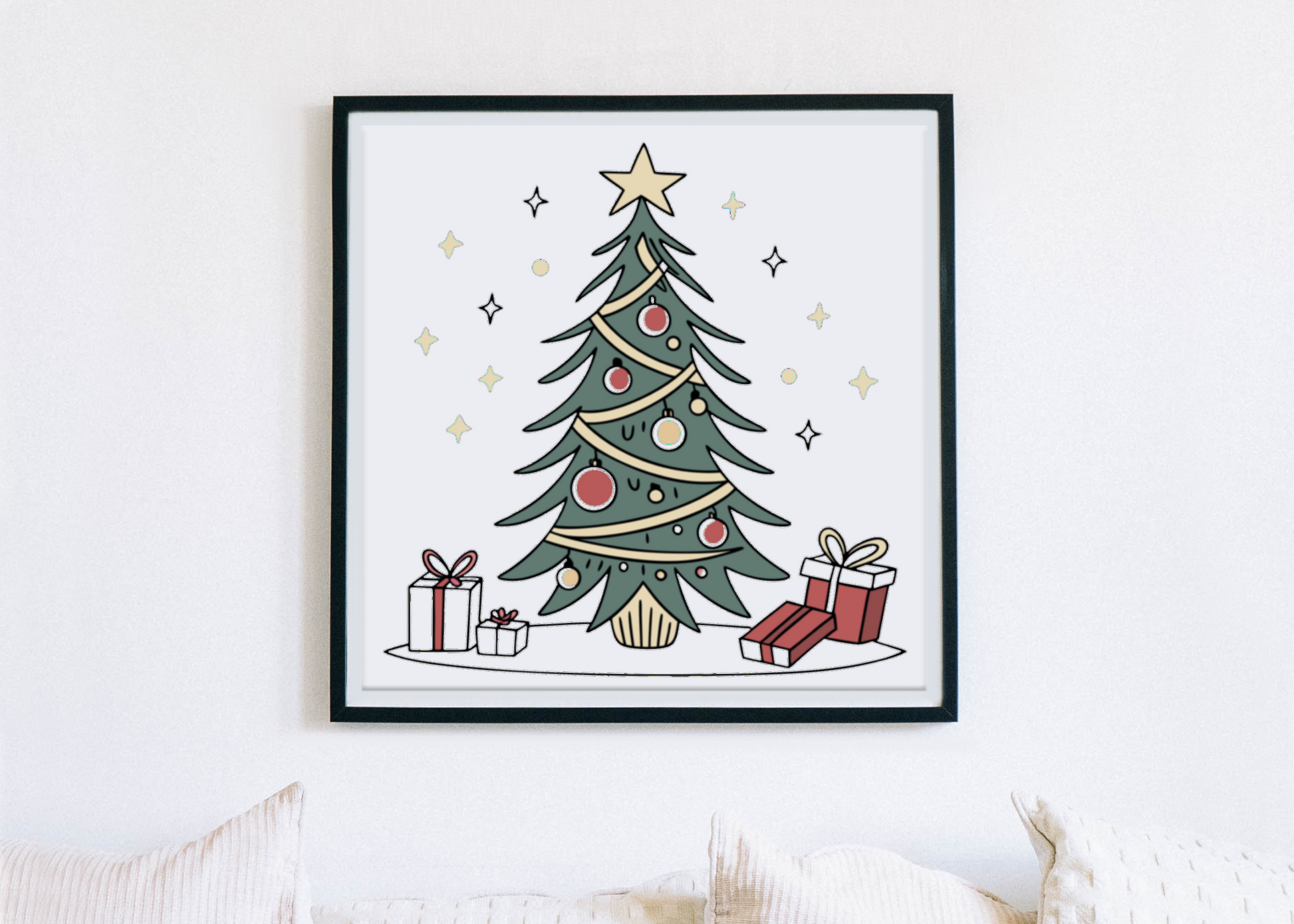 Cadre avec sapin de Noël enchanté stylisé accentuant une ambiance festive