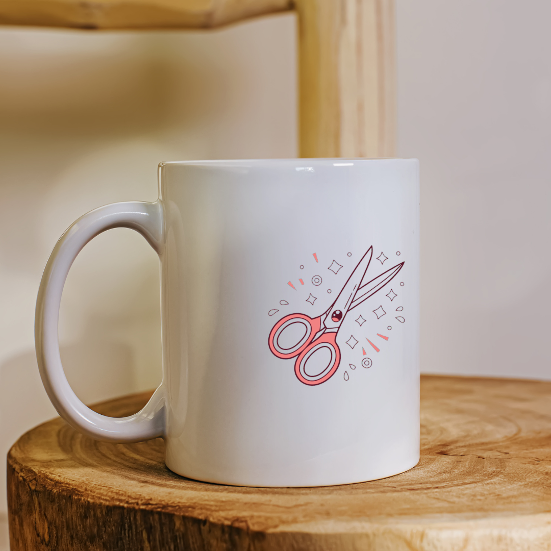 Mug décoratif avec motif de ciseaux étincelants dans un style doodle dynamique