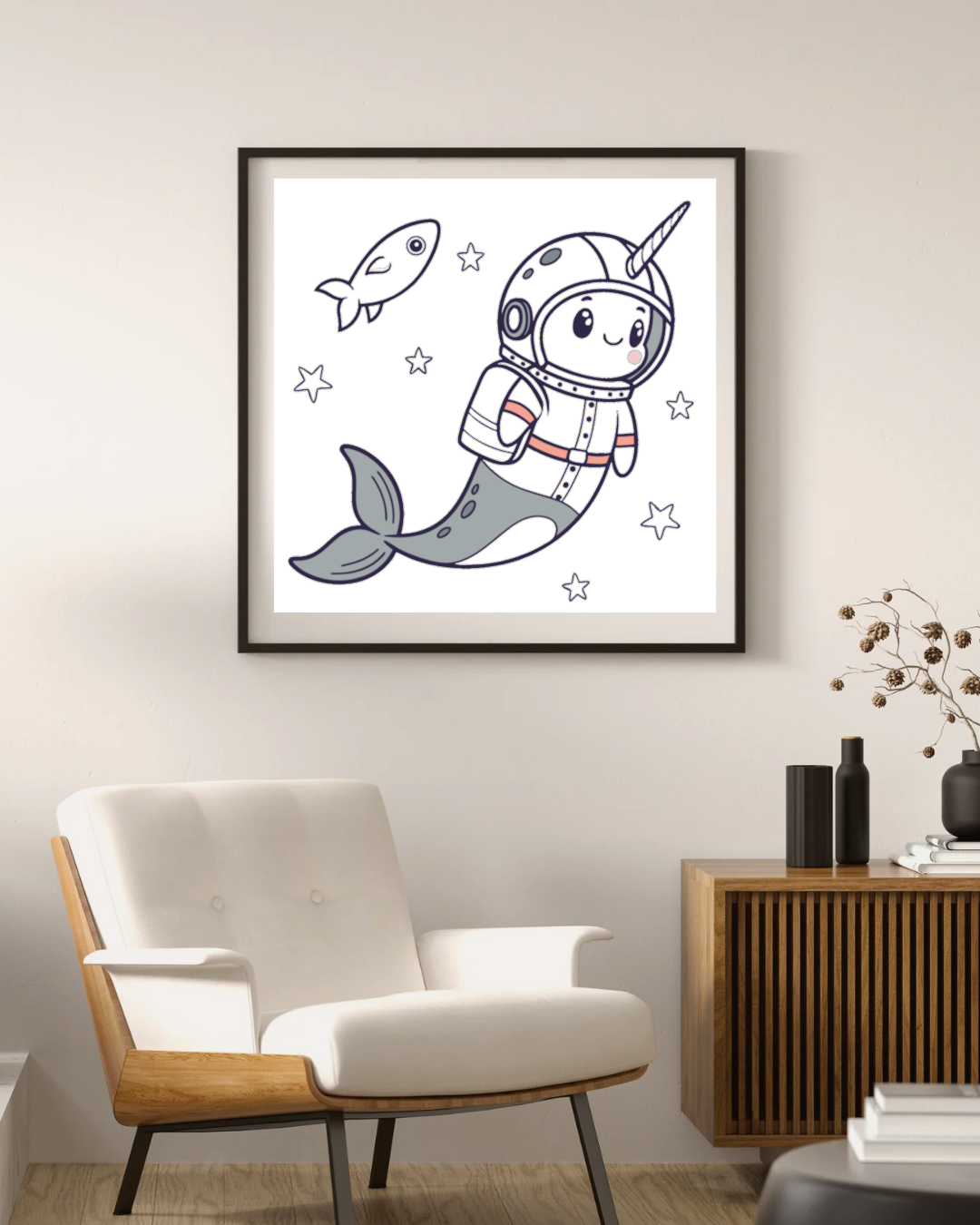 Cadre avec motif narval cosmonaute rêveur style aventure spatiale ludique