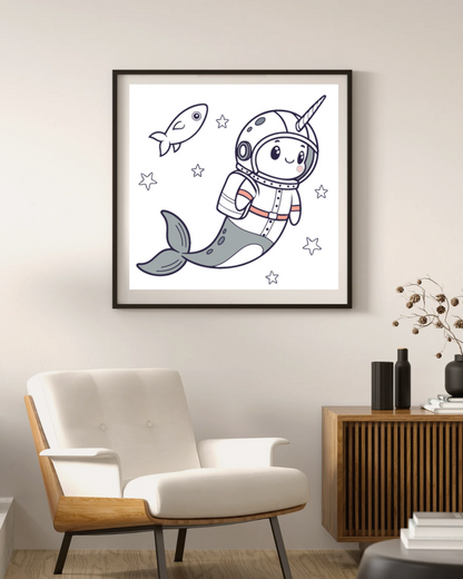 Cadre avec motif narval cosmonaute rêveur style aventure spatiale ludique