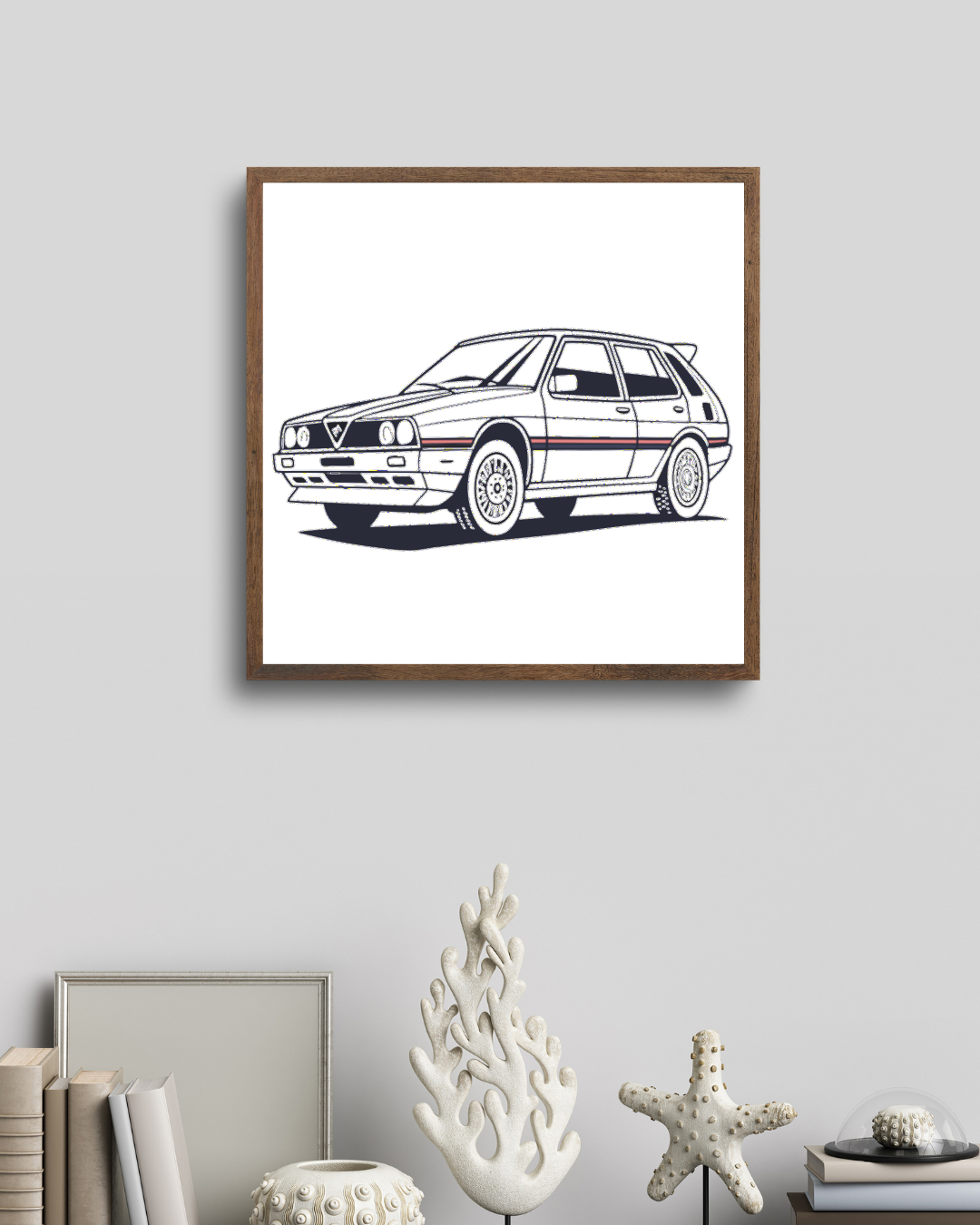 Affiche de la voiture classique Lancia Delta en style gravure.