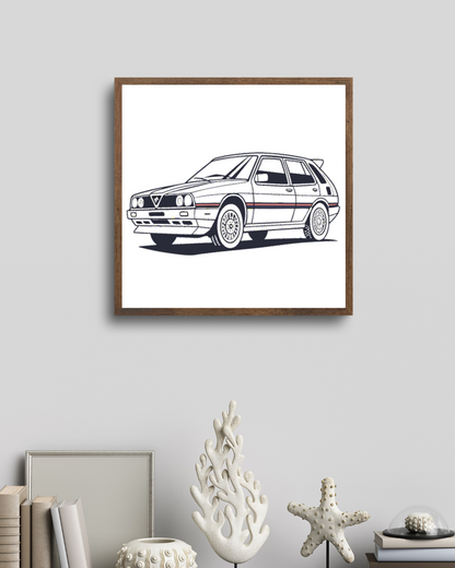 Affiche de la voiture classique Lancia Delta en style gravure.