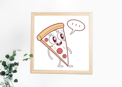 Cadre contenant une pizza souriante, ambiance joyeuse et appétissante