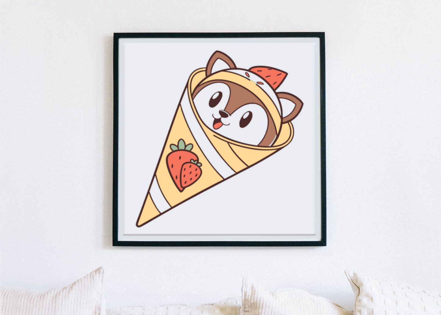 Cadre affichant une sirène en crêpe au style kawaii sur fond de douceur gourmande