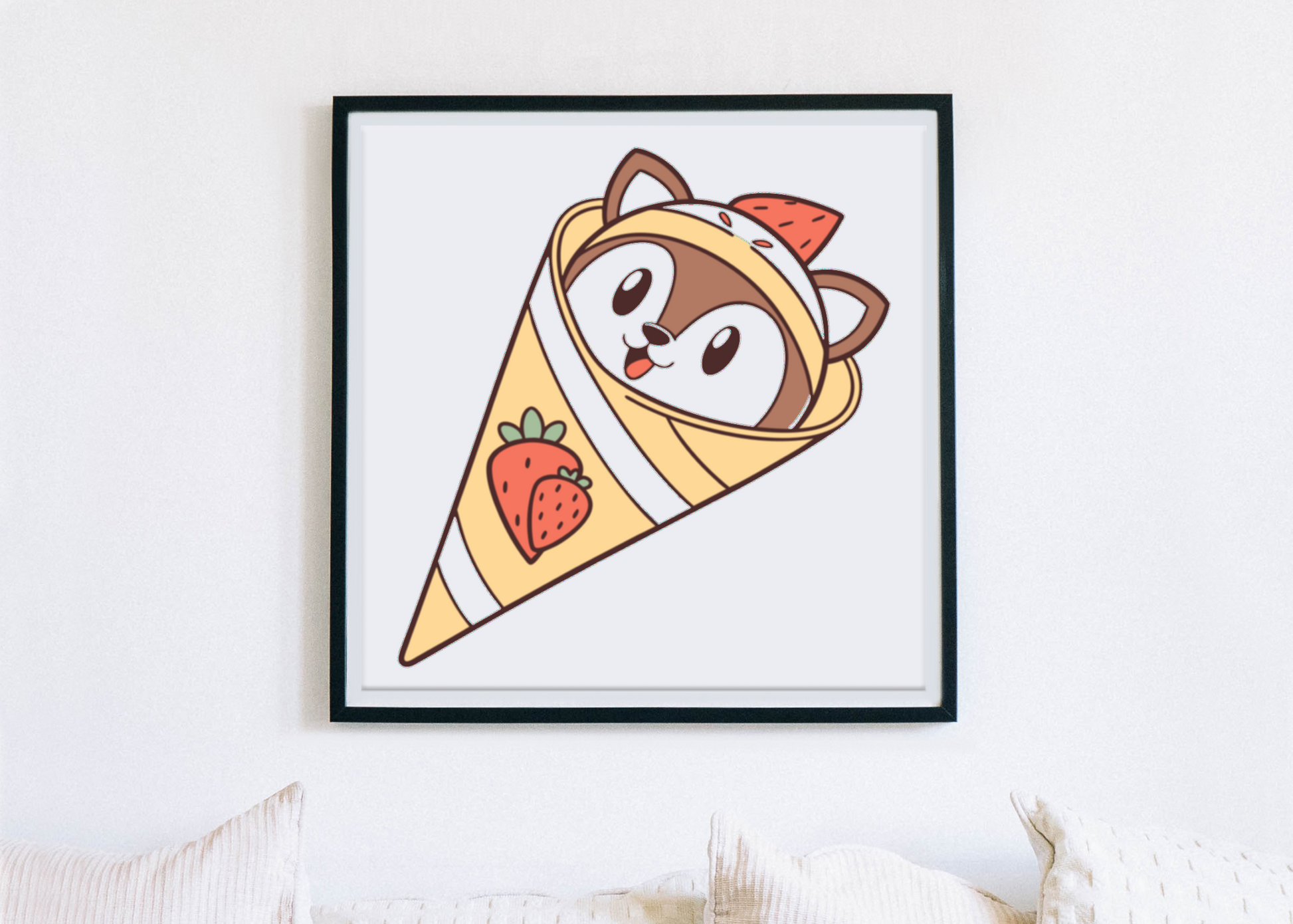 Cadre affichant une sirène en crêpe au style kawaii sur fond de douceur gourmande