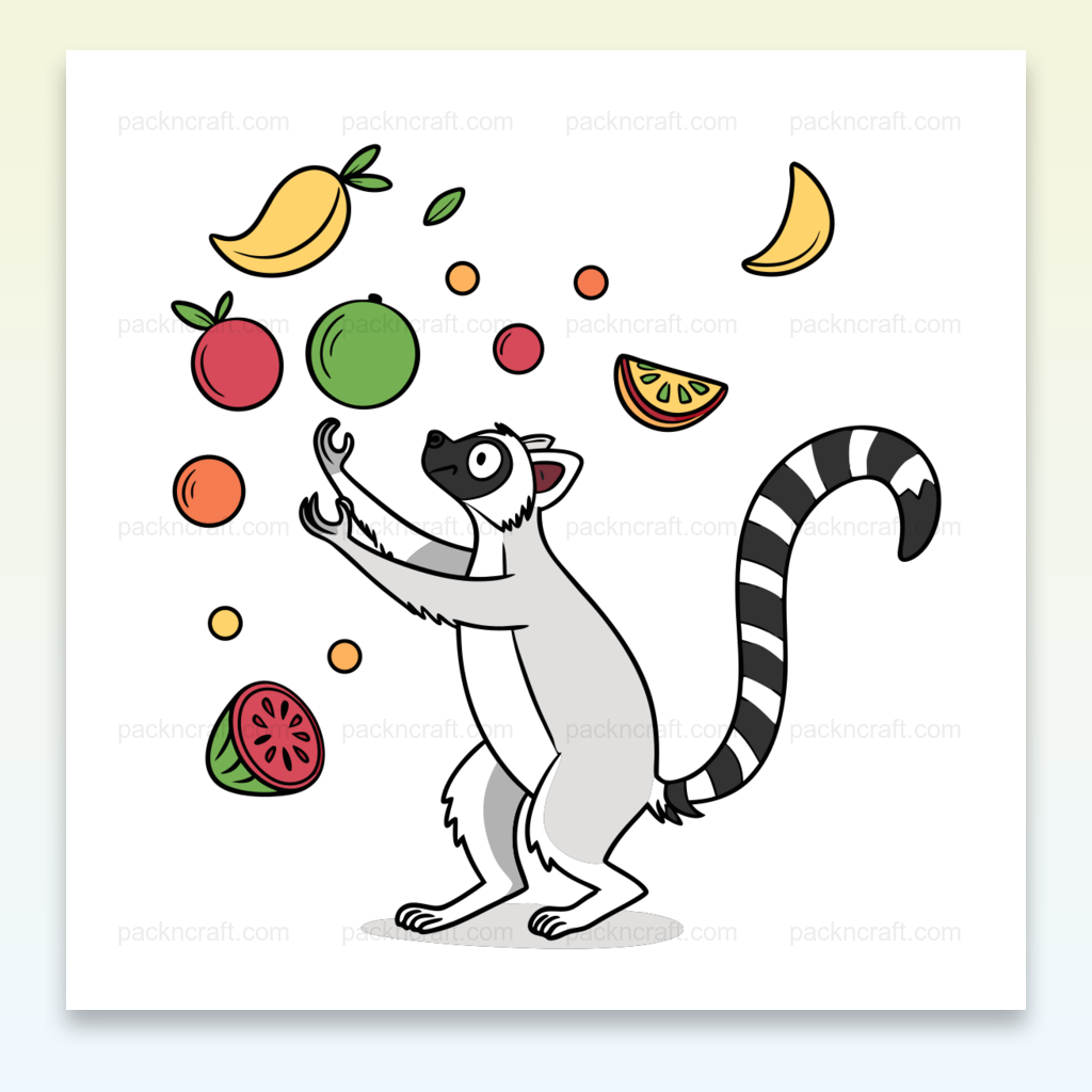 Lémurien jonglant avec des fruits exotiques, illustration SVG pour projets créatifs