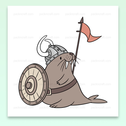 Illustration numérique d'un morse viking avec casque et bouclier, design créatif