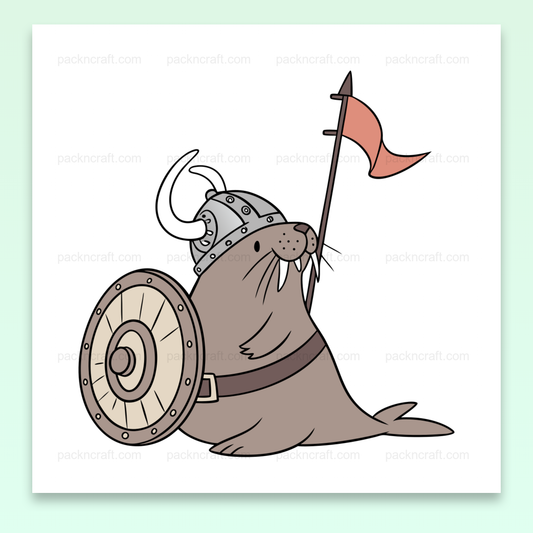 Illustration numérique d'un morse viking avec casque et bouclier, design créatif