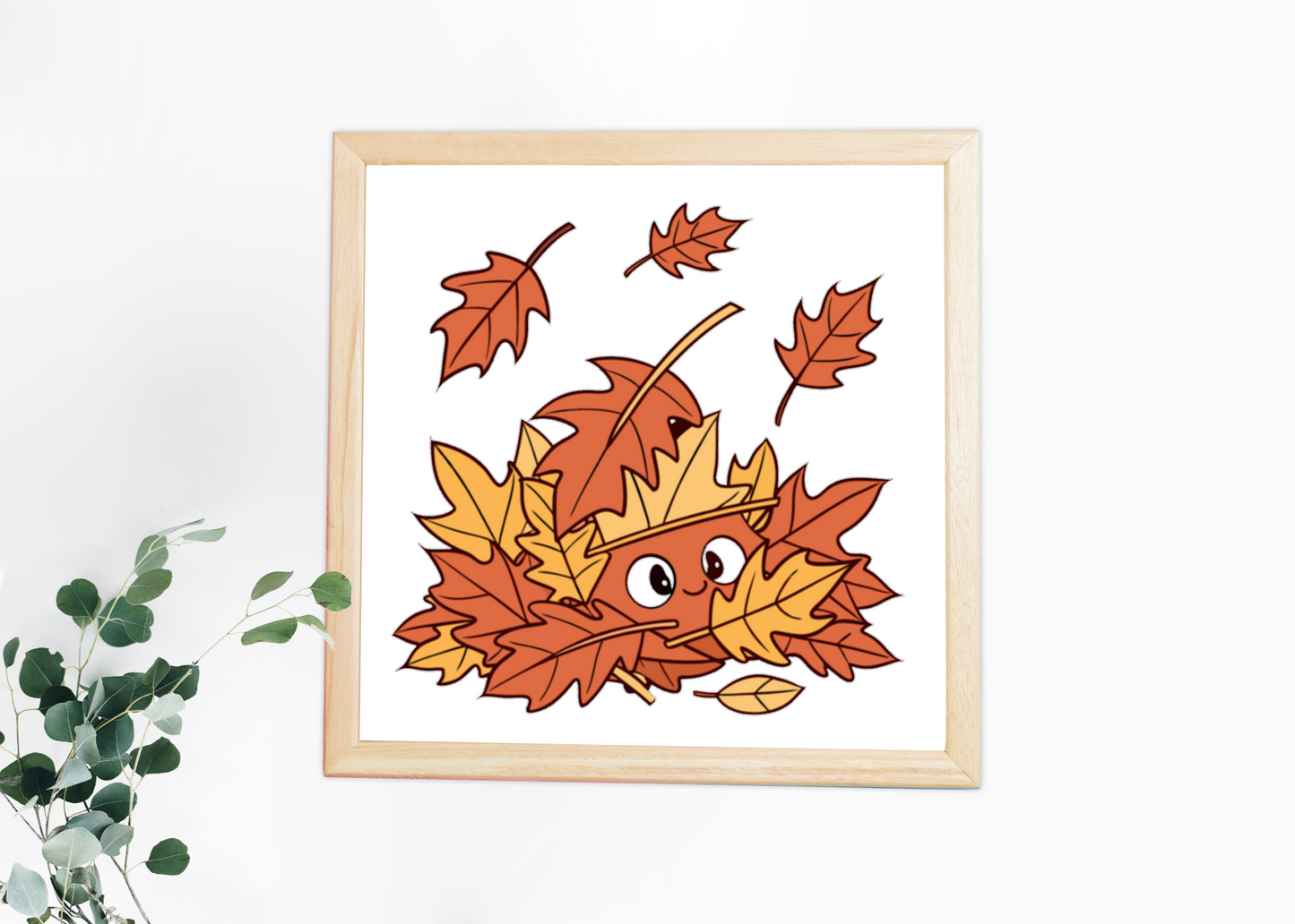 Cadre automnal minimaliste avec écureuil stylisé jouant parmi les feuilles
