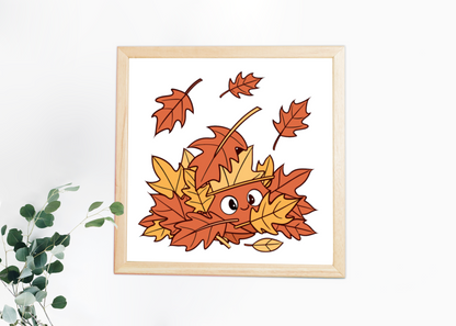 Cadre automnal minimaliste avec écureuil stylisé jouant parmi les feuilles