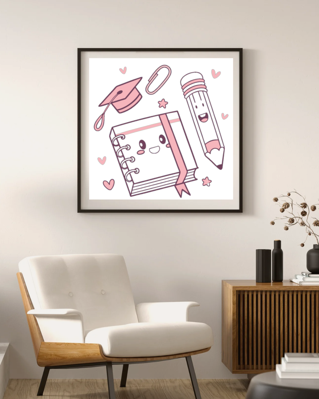 Cadre avec motif kawaii, bloc-notes festif et crayon joyeux pour une déco amusante