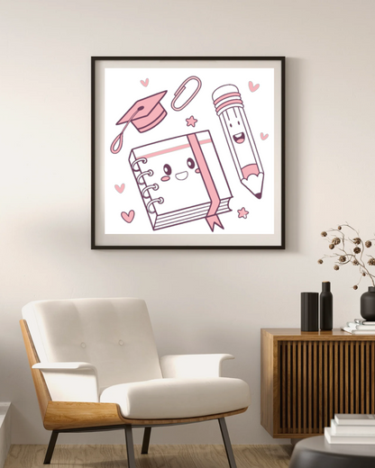 Cadre avec motif kawaii, bloc-notes festif et crayon joyeux pour une déco amusante