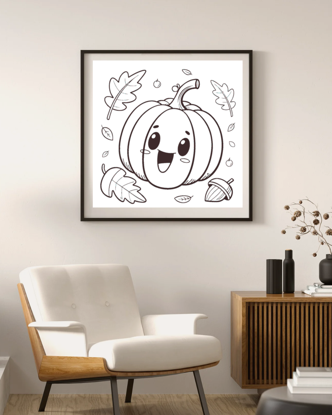 Cadre avec citrouille joyeuse style kawaii aux tons automnaux