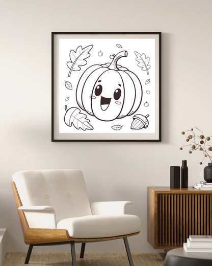 Cadre avec citrouille joyeuse style kawaii aux tons automnaux