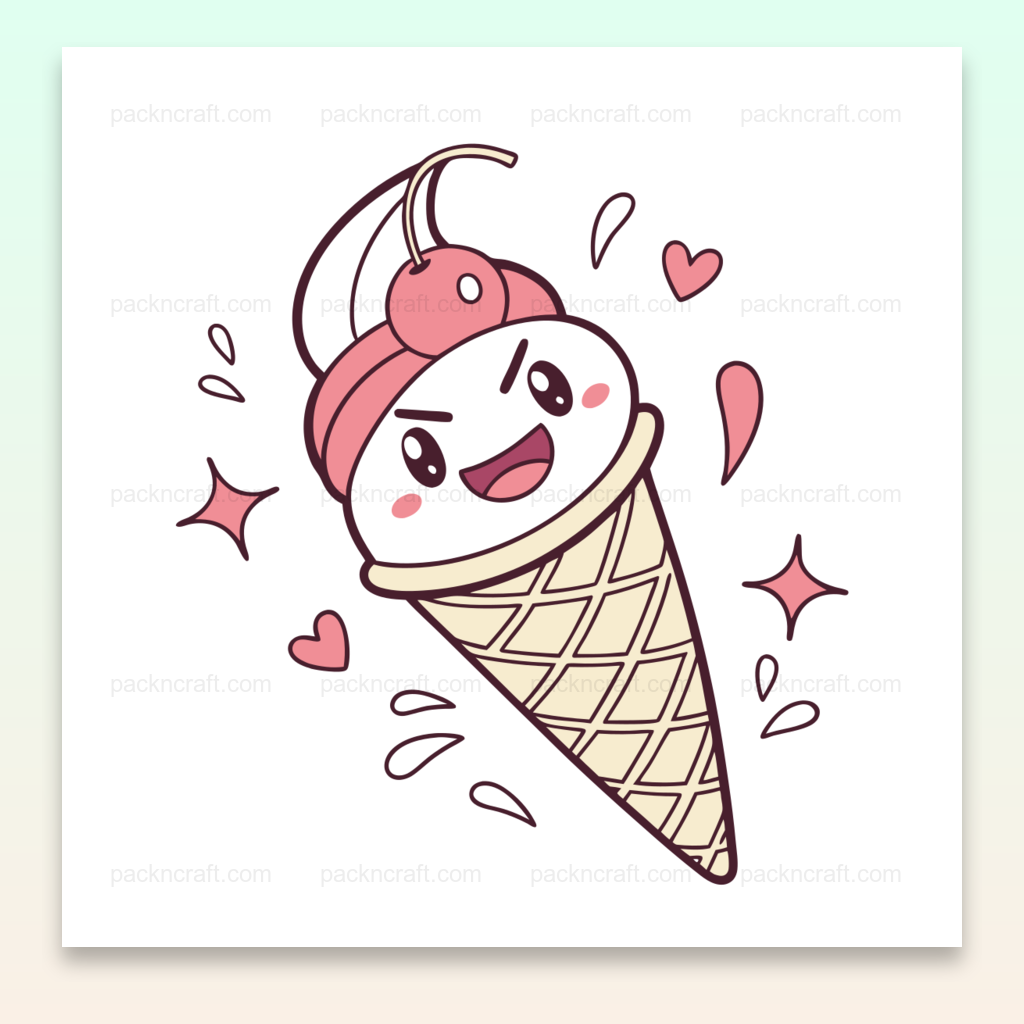 Illustration kawaii d'un cornet de glace expressif, fichier numérique pour papeterie et DIY.