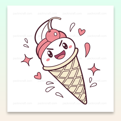 Illustration kawaii d'un cornet de glace expressif, fichier numérique pour papeterie et DIY.