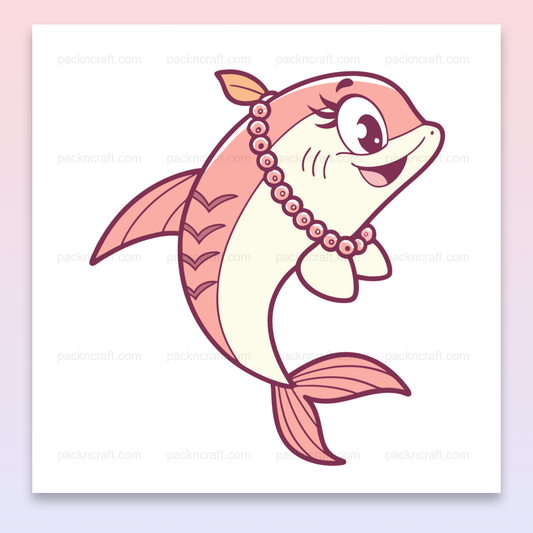 Illustration de dauphin souriant avec collier pour stickers et papeterie, style cartoon.