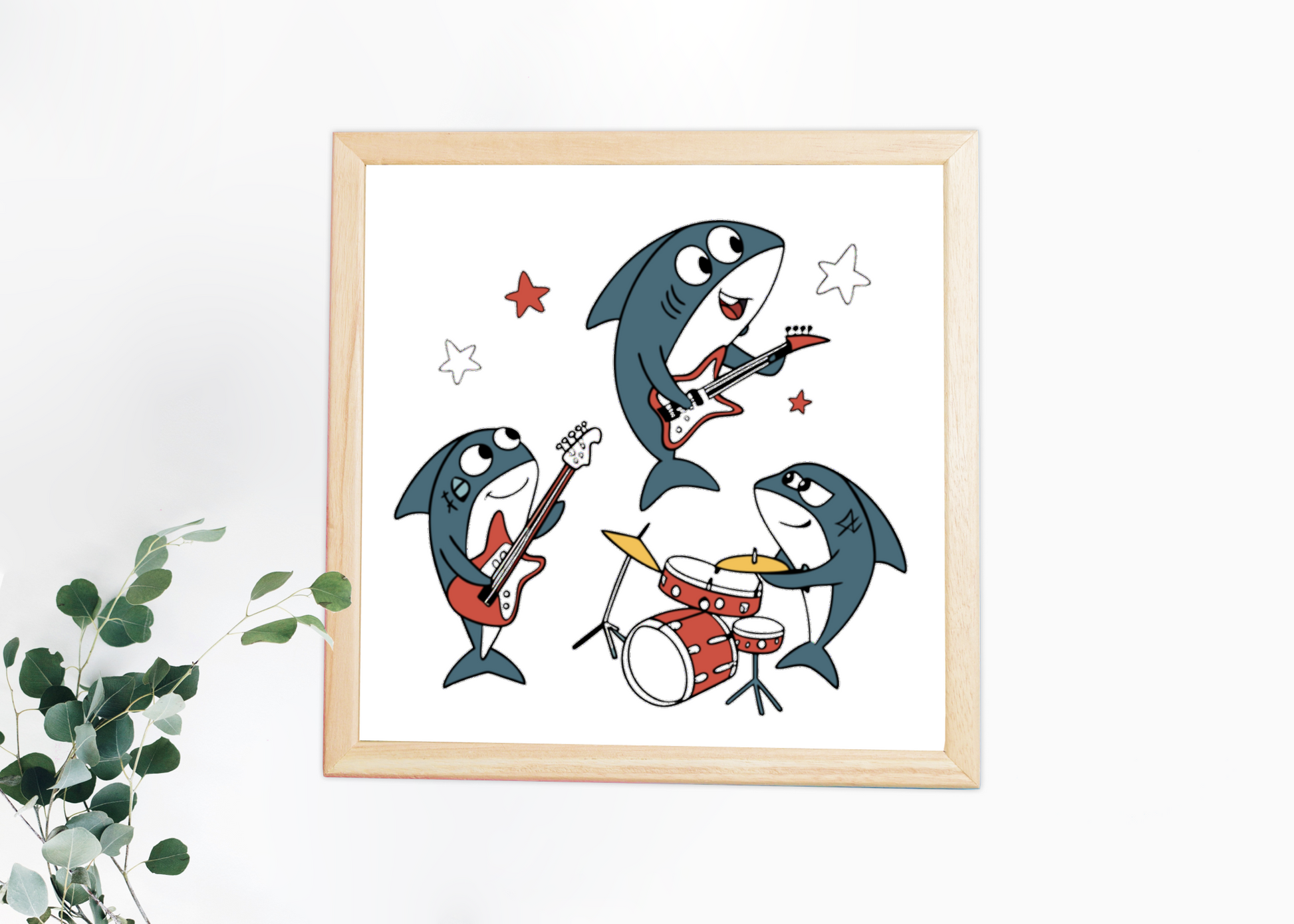 Cadre avec des requins rockeurs en style cartoon pour une touche maritime rock
