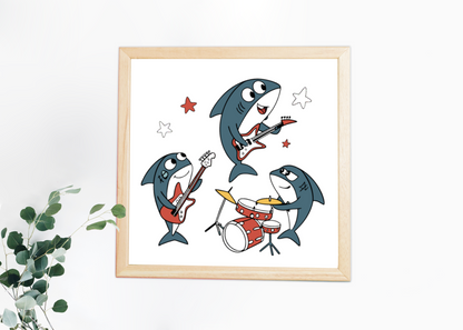 Cadre avec des requins rockeurs en style cartoon pour une touche maritime rock