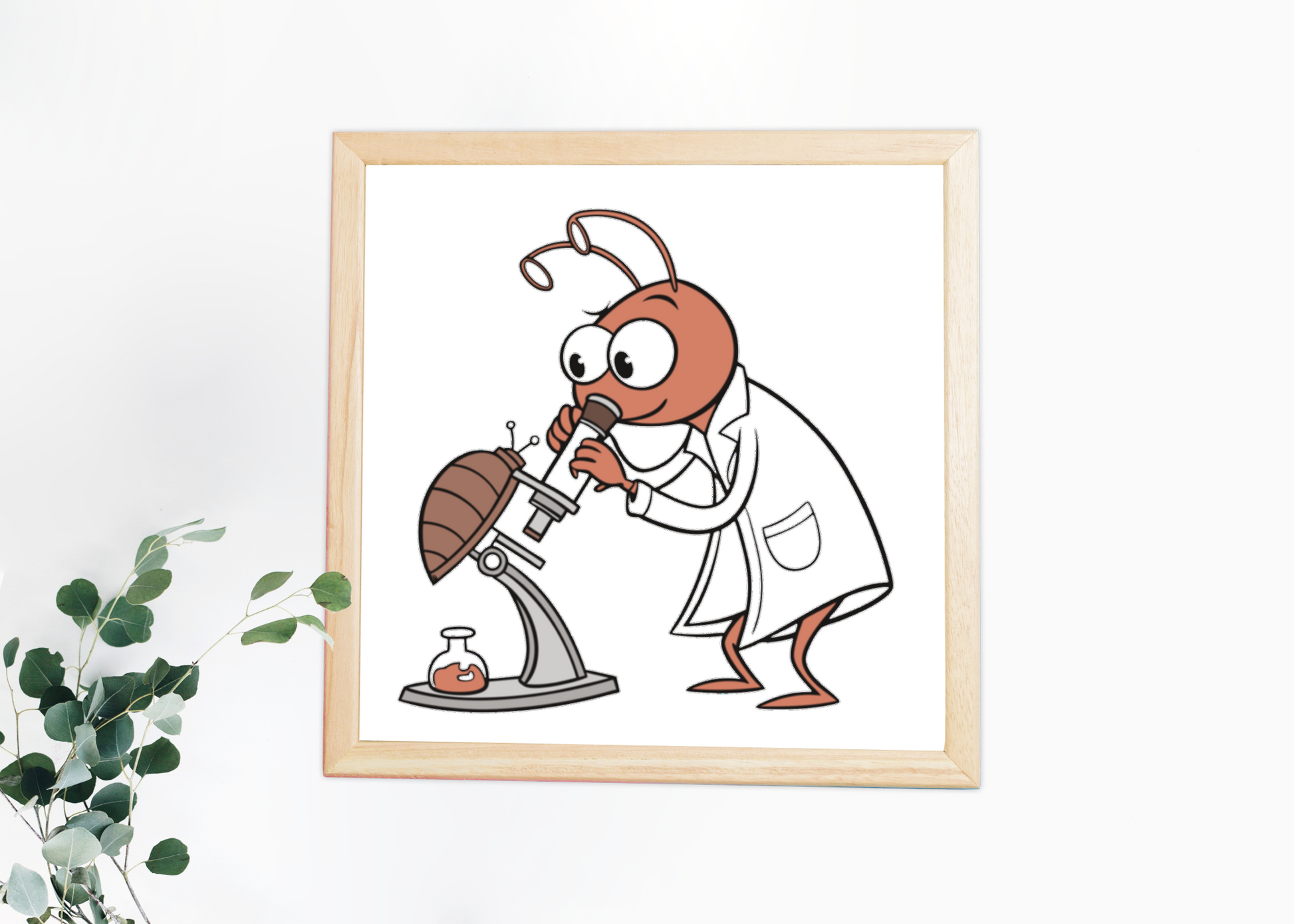 Cadre décoratif avec une fourmi cartoon curieuse découvrant au microscope