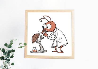Cadre décoratif avec une fourmi cartoon curieuse découvrant au microscope