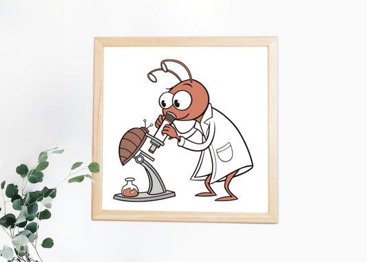 Cadre décoratif avec une fourmi cartoon curieuse découvrant au microscope