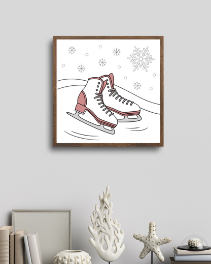 Cadre hivernal avec patins à glace sous un décor enneigé élégant et moderne