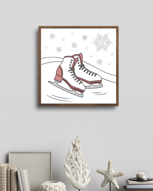 Cadre hivernal avec patins à glace sous un décor enneigé élégant et moderne