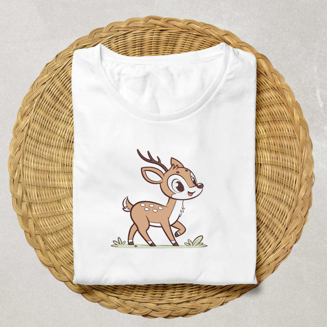 T-shirt avec faon joyeux en forêt, motif numérique captivant et pittoresque