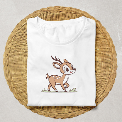 T-shirt avec faon joyeux en forêt, motif numérique captivant et pittoresque