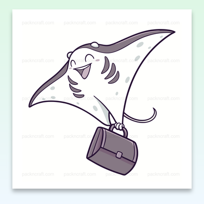 Illustration de raie manta joyeuse tenant une mallette, en style kawaii vectoriel