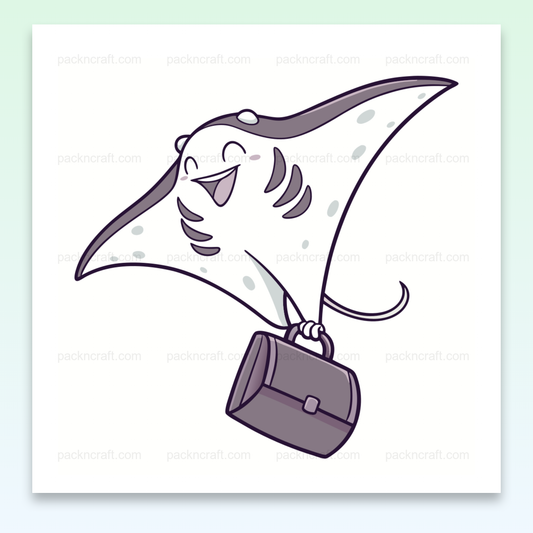 Illustration de raie manta joyeuse tenant une mallette, en style kawaii vectoriel