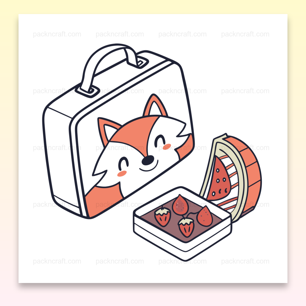 Illustration d'une boîte déjeuner renard joyeux, idéale pour papeterie et projets éducatifs.