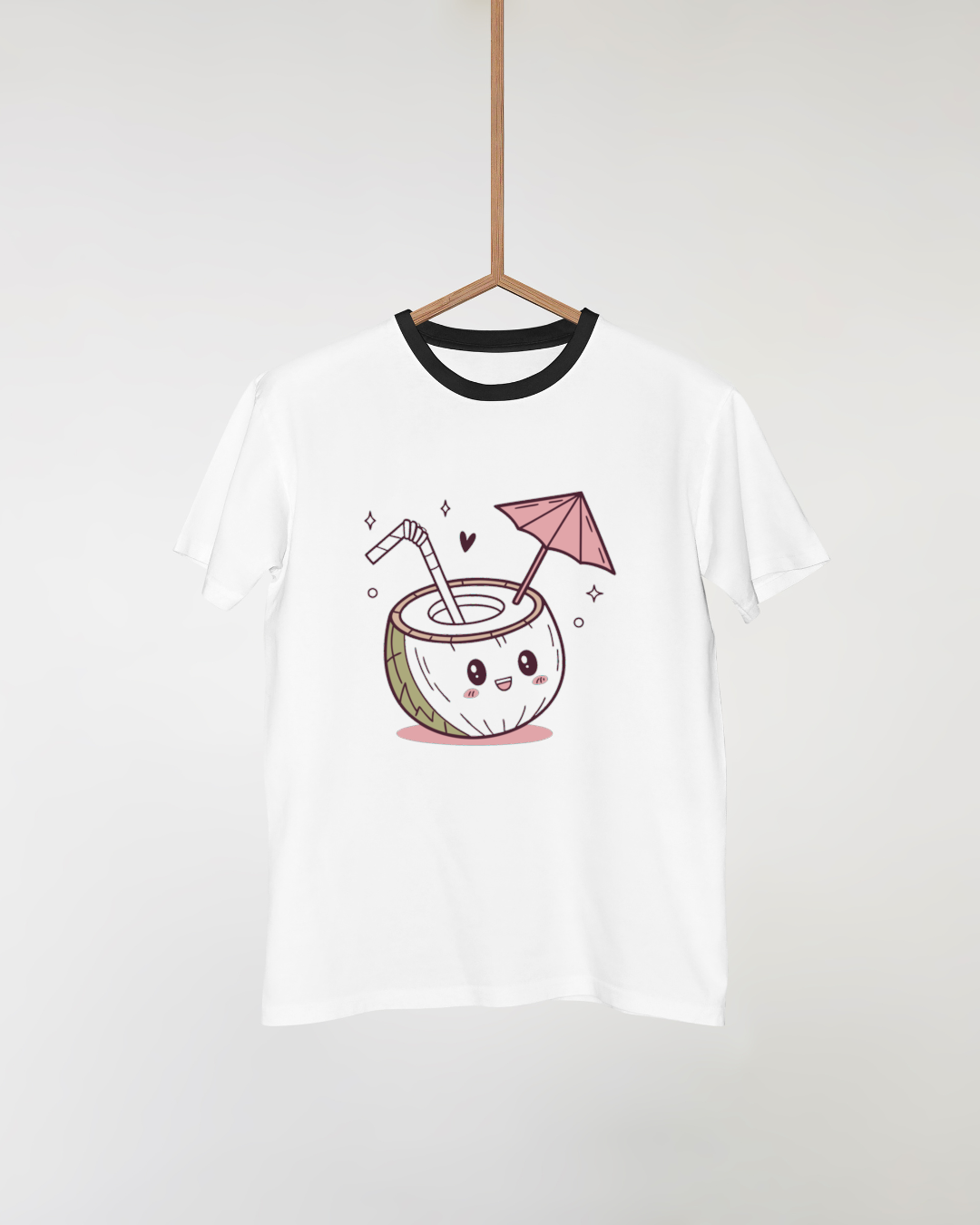 T-shirt tropical avec noix de coco souriante expressive et amusant motif exotique