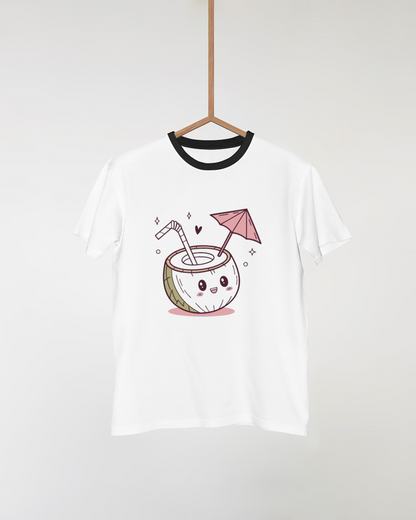 T-shirt tropical avec noix de coco souriante expressive et amusant motif exotique