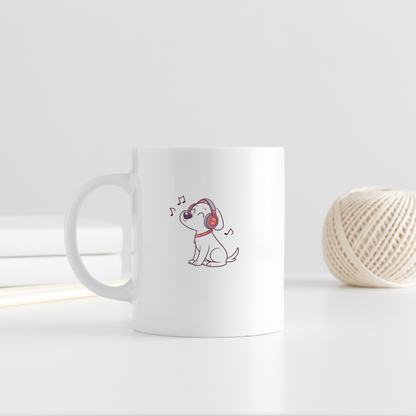 Mug avec chien mélomane en style vectoriel flat et ambiance musicale relaxante
