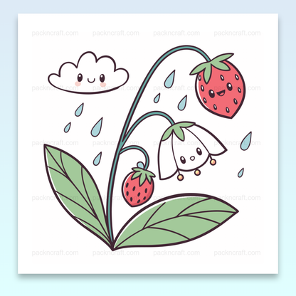 Illustration kawaii printanière de fraise et nuage rieur, idéale pour DIY et papeterie.