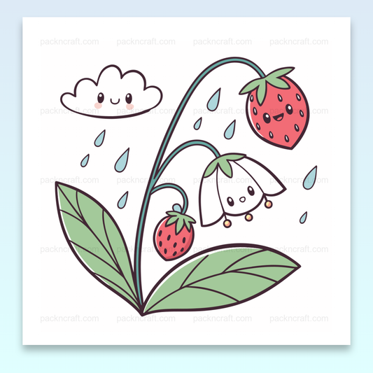 Illustration kawaii printanière de fraise et nuage rieur, idéale pour DIY et papeterie.