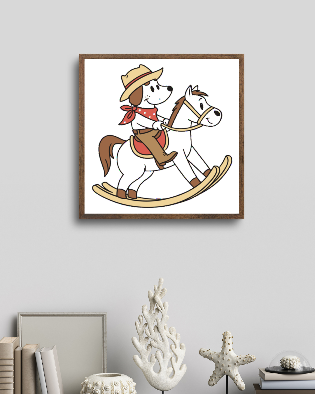 Cadre affichant un chien cow-boy en style vectoriel sur cheval à bascule western