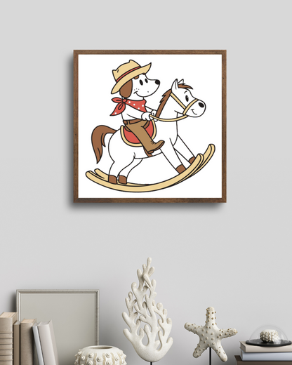 Cadre affichant un chien cow-boy en style vectoriel sur cheval à bascule western