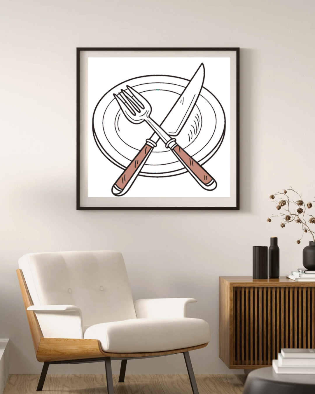 Cadre avec couverts sur assiette style doodle pour une déco cuisine originale
